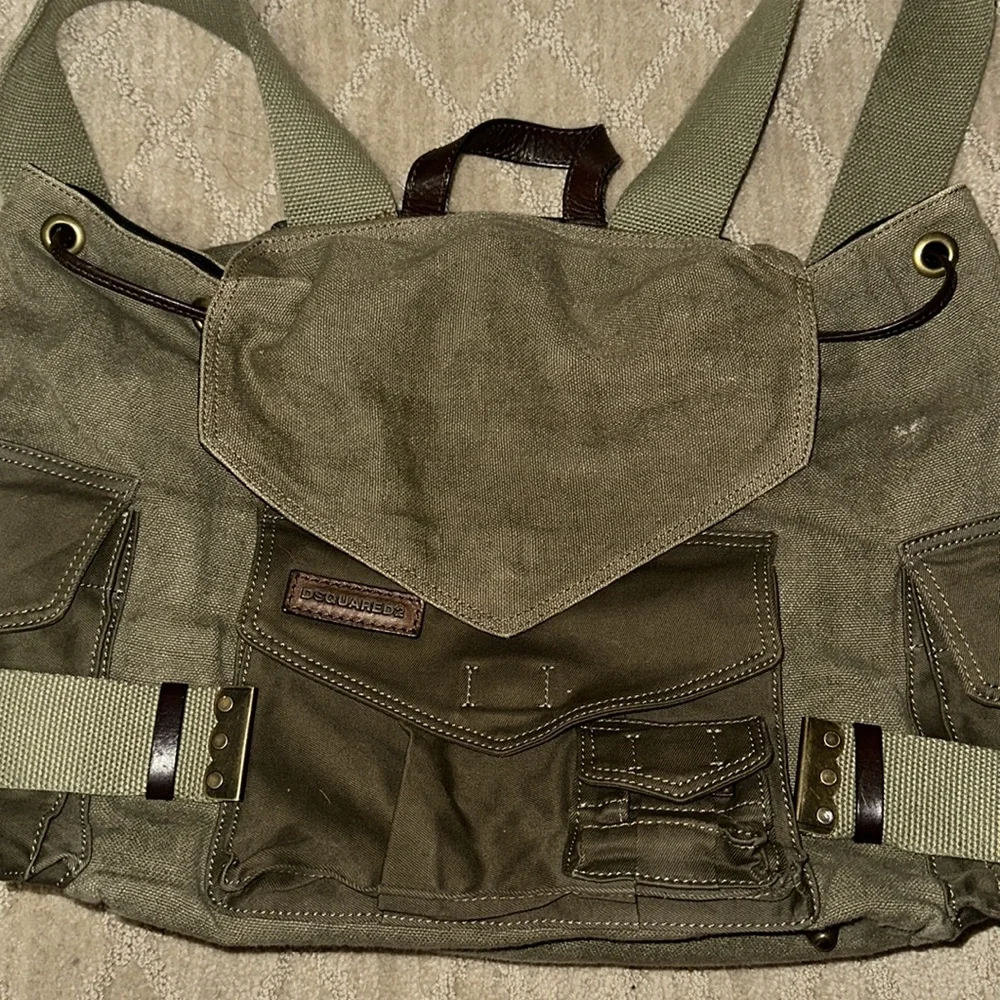 FINAL PRICE DROP: Dsquared2 Green Canvas and Brown Leather Drawstring Backpack